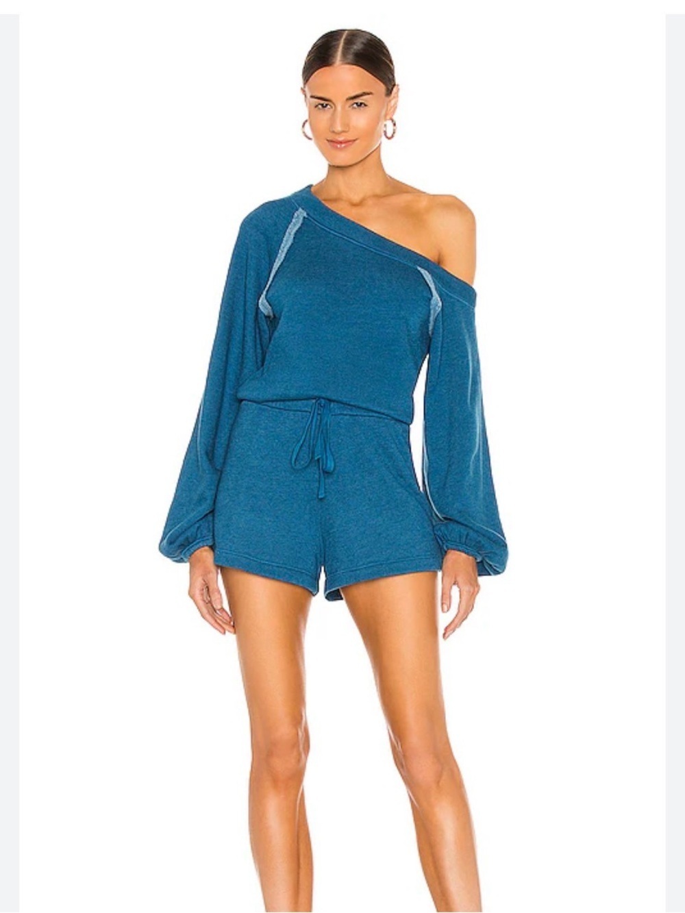 Lovers + Friends Off-Shoulder Lounge Romper in Teal Blue Small Cotton Blend Soft